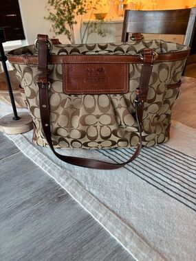 🍃🦋 Coach Heritage Brown Signature Canvas Tote with Leather Trim 12729